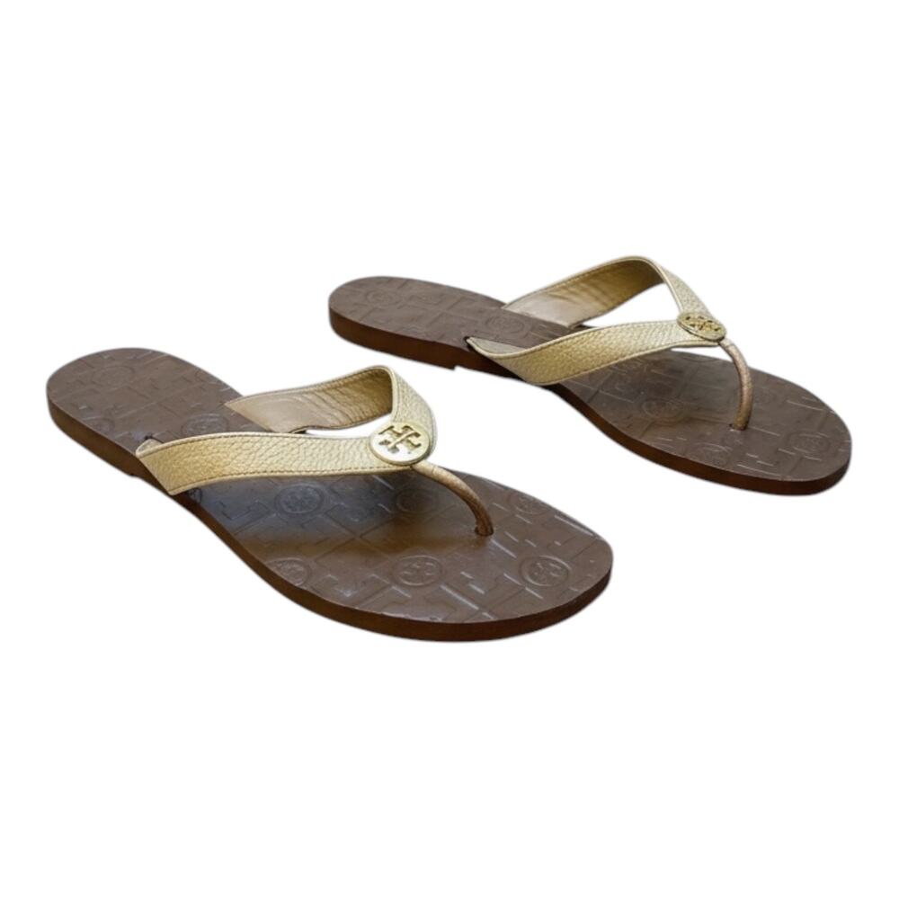 Tory Burch Gold Leather Medallion Logo Thong Sandals Flip Flops Sz 8.5